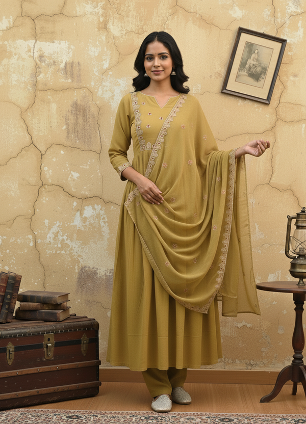 Elegant Mustard Green Kurta Set
